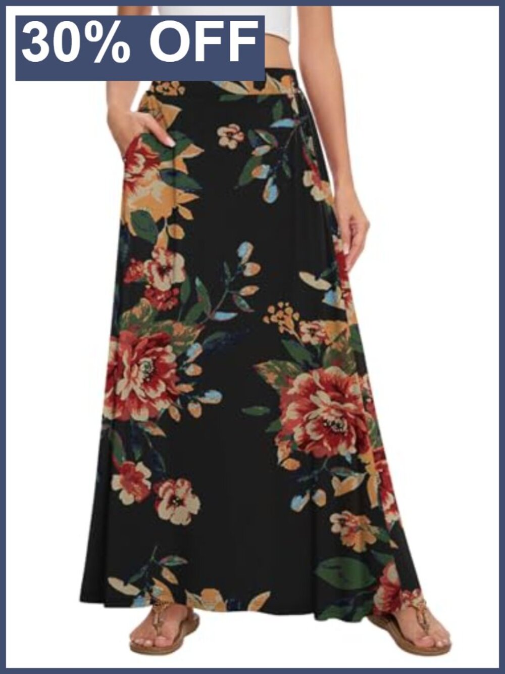 Women's Flowy Maxi Skirt High Waist A-Line Elastic Waist Pockets Summer